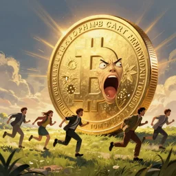 landscape of people running from a cryptocoin very scared, coin is the villain, digital art, artstation