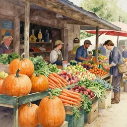watercolor painting of farmers market, large pumpkins and carrots, apples and peaches, herbs and spices, traditional store, art by anders zorn, wonderful masterpiece by greg rutkowski, beautiful cinematic light, american romanticism by greg manchess, creation by tyler edlin