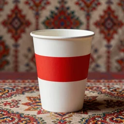 white paper cup with horizontal red strip!!!, traditional belorussian background motive!!, hyperrealistic, highly detailed, cinematic, volumetric sunlight, beautiful, cgssociety, artstation, 8 k, oil painting by greg rutkowski, by artgerm, by wlop