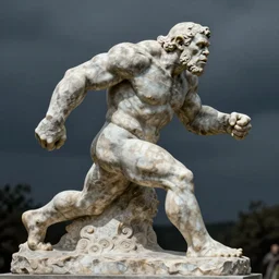 a full figure marble sculpture of a running Giant Orc, rough texture by Rodin and frazetta