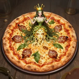 a pizza with a fairy head topping, fantasy art, illustration, amazing detail, in the style of greg rutkowski, artgerm, cgsociety