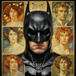 realistic detailed face portrait of batman by alphonse mucha, ayami kojima, amano, greg hildebrandt, mark brooks, and ernst haeckel, male, golden ratio, face in focus, art nouveau, neo - gothic, gothic, neoclassical,