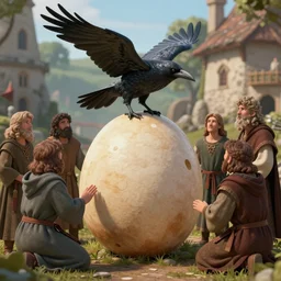 a group of medieval pagan people worshipping a giant crow's egg, 1391 AD, octane render, trending on DeviantArt, highly detailed, high quality, 8K, soft lighting, cute, natural lighting, realistic face, trending on Artstation, e621, elegant clothes, profile picture, path traced, house background