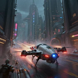 a scifi drone speed chase down a brutalism looking city, dim neon lights, lens flare, scale, night life, heavy rain, deep focus, d & d, fantasy, intricate, elegant, highly detailed, digital painting, artstation, concept art, matte, sharp focus, illustration, hearthstone, art by artgerm and greg rutkowski and alphonse mucha