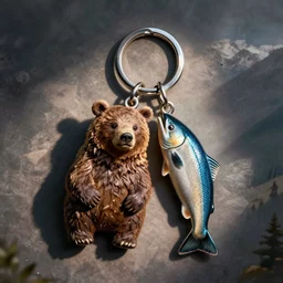 keychain of a bear and a salmon