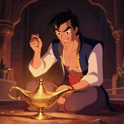 jim carry as a genie from the lamp in aladdin anime style, dramatic lighting