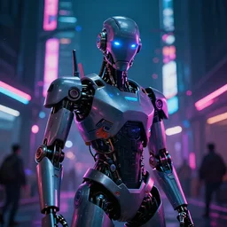 cyberpunk streets, robot with glowing eyes, futuristic, neon lights, cyberpunk