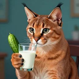 cute caracal holding glass of milk and cucumber. by rembrandt 1 6 6 7, illustration, by konstantin razumov, by greg rutkowski, cinematic, vivid, vibrant color palette, artstation