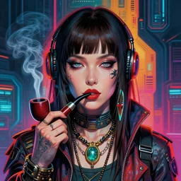 portrait of a brunette cyberpunk hippie smoking a tobacco pipe | highly detailed | very intricate | symmetrical | professional model | cinematic lighting | award - winning | painted by mandy jurgens | pan futurism, dystopian, bold colors, cyberpunk, anime aesthestic | featured on artstation
