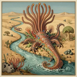 desert river monster crinoid maximalist art nouveau, cgsociety, artstation by gustave dore and tyler edlin
