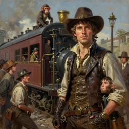 Steampunk train scene from pulp fiction novel, small crowd of people and one pan handler with monkey (oil paint on canvas)