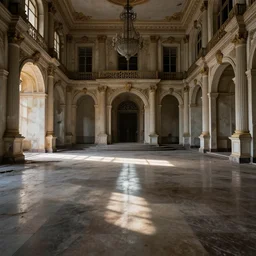 time has ended before it even started, luxurious abandoned palace, realistic ground, realistic shadows, illuminated by godrays, reflections, 8 k