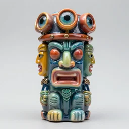 an opalescent claymodel of a multicolored steampunk tiki with three faces, wearing a steampunk helmet with multicolored irisdiscent tubes and shiny metallic devices, glowing red and blue wires out of the forehead, 3 d render, crisp, trippy, 8 k, fluorescent colors, insanely integrate