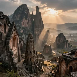 Fractal antique ruins, high detail, crepuscular ray, light through the mist, dramatic lighting, by Grant Wood, by Bekzinsky, by Salvador Dali, by Antoni Gaudi, by Maxfield Parrish, by Nicholas Roerich, by H.R. Giger