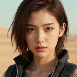 Close up portrait of a young Cyberpunk woman, hyperdetailed, artstation, cgsociety, 8k, desert background