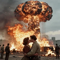 1 9 5 0 s couple being incinerated by nuclear war, kissing, catching fire and becoming skeletons, burning up, being destroyed by nuclear shock wave, massive hydrogen bomb mushroom cloud in distance, vintage photo