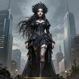 a giantess attractive goth girl standing over a modern city, cute, intricate, highly detailed, digital painting, artstation, concept art, smooth, sharp focus, illustration, unreal engine 5, 8 k, art by artgerm and greg rutkowski and alphonse mucha