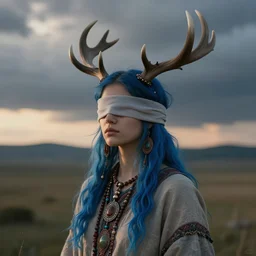 A young female shaman, blue hair and antlers on her head. blindfolded, heilung, in the style of Heather