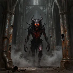 a matte painting of the interior of a gothic church, demonic creature with glowing fire eyes standing in the center, digital painting, concept art, rusty metal walls, broken pipes, dark colors, muted colors, red colors, tense atmosphere, church cathedral, mist floats in the air, amazing value control, muted colors, moody colors, dramatic lighting, cinematic lighting, sharp focus