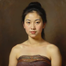 portrait of a beautiful female tai ethnic sukhothai, closeup portrait, historical, ethnic group, traditional costume, elegant, loin cloth, highly detailed, oil painting, artstation, concept art, matte, sharp focus, illustration, hearthstone, art by earl norem