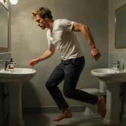 kerry skarbakka photo. a man tripping in a bathroom.