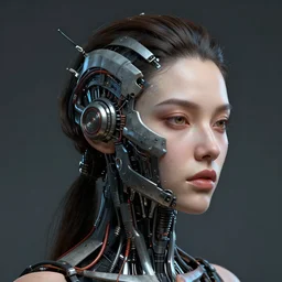 human 3 d by pantokrator, beautiful sexy woman head made of mech mask rendered in unreal engine, biotechnology, cyberpunk, dark, scifi, cooper wires and cyberntic vessels coming from core processor, contrast, painted by david burliuk | bernard buffet | carne griffiths | stanislaw lem