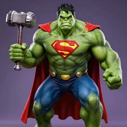 The Hulk dressed like Superman wielding Thor's hammer