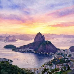 iridescent watercolor painting of sunset RIo de Janiero
