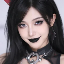 tracer from overwatch, wearing black lipstick and black eyeliner, goth outfit, black hair, 4 k, detailed face, smirky expression, detailed face, focus on eyes, blur,