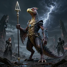 a reptile bird chimera hybrid with claws fangs bristles feathers tails wearing surreal clothes wielding excalibur, on a dark alien world with broken ruins, during a meteor storm, in the style of boris vellejo, julie bell, giger, leng jun, fantasy, dramatic studio lighting, science fiction, octane render 8 k