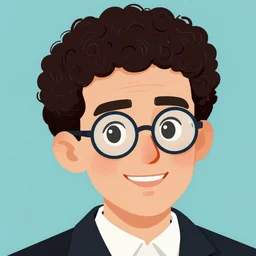 illustration of jewish young man with glasses, dark very short curly hair smiling, in the style of quentin blake colorful