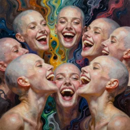 fantastic extraordinary beautiful women with bald head laughing into fluid infinity variations of colours mass, close - up, piotr jablonski, jeff dekal, jeff simpson, intricate details, hyperrealistic oil painting on canvas, deep depth field, hd, hdr, 4 k, 8 k