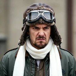 headshot of john belushi wearing a leather ushanka and aviator goggles, he is also wearing an a 2 flight jacket, a long white scarf is wrapped around his neck, he has a 5 o'clock shadow, a crazed angry look on his face