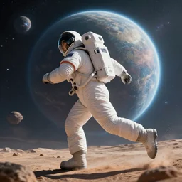 a man in a space suit running in a alien planet with a planet and a galaxy appearing in the sky, digital art, greg rutkowski, concept art, octane render, unreal engine 5, trending on artstation, high quality, highly detailed, 8 k, soft lighting, path traced, digital painting, masterpiece, anatomically correct, realistic, high coherence