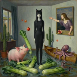 painting of a flooded artist's apartment and a tall emo catgirl, magical courgettes, a pig, a lady reaching out from inside paintings on the wall, pomegranates, cactus, octopus, canoe, berries, zen, sensual, surrealist painting by magritte and rousseau and monet