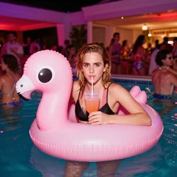 a photo of a drunk emma watson, with a drink, with a big cute pastel pink float, having fun being the center of attention, in a crowded pool party in a modern indoors pool at night. visually stimulating photo. coherent. 8 k. sensual. red and purple lights.