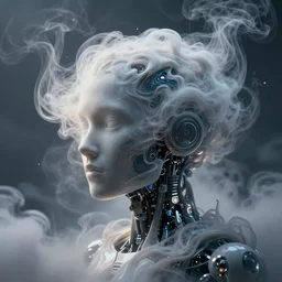 robot head cloudy artificial consciousness, delirium, chaotic storm of twisting liquid smoke, by james jean, peter mohrbacher, anato finnstark, swirling fluid smokey enigma, radiant light