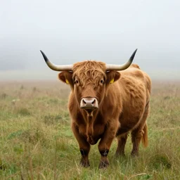 highland cattle on a field with high grass and light fog