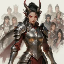long shot of dragon lady dressed in armor with demonic eyes, digital painting, artstation, concept art, illustration, by ken saito, lya pilnev, siwoo kim, christophe young, anna podedworna, yin zhen chu, zeronis, magdalena radziej,