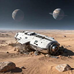 a spaceship crashed into a foreign planet, wasteland. The spaceship is buried in the ground. red sky with beautiful white clouds. in the style of digital art, artstation trending
