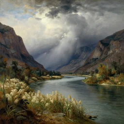 hudson river school painting, Albert Bierstadt, naturalism, great river, Phragmites, steep mountains, incoming storm