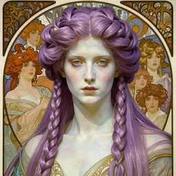 beautifully staged poster realistic detailed face portrait of a pale androgynous prince with long lilac braided hair, pale porcelain white skin, very very long luxurious beautiful lilac hair, by alphonse mucha, ayami kojima, amano, charlie bowater, karol bak, greg hildebrandt, jean delville, and mark brooks, art nouveau, neo - gothic, gothic, rich deep moody colors