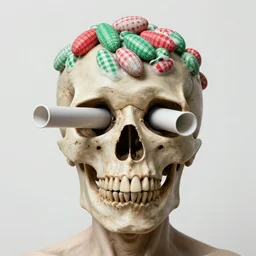 a self portrait by the artist kelbv, in distinct hyper detailed style with tubes coming from eyes, and hollowed skull filled with red and green gingham ellipsoids, perfect studio lighting against a backdrop of a still from the movie squid asthma.