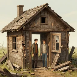 two husbands leave each other inside a big wooden broken house by Stanley Artgerm Lau, WLOP, Rossdraws, James Jean, Andrei Riabovitchev, Marc Simonetti, Yoshitaka Amano, ArtStation, CGSociety, highly detaild 4K