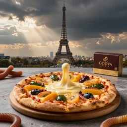 large amount of melted cheese on the so delicious fruits pizza cake hamburger on the table, beacons, worm dynamic lighting, cinematic tone, pierre herme paris, godiva products photo