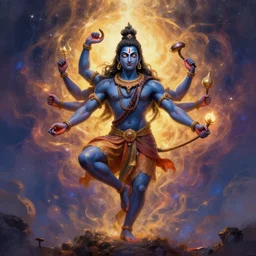 Dreamt in 47.55s for  Epic wide angle portrait of Shiva generating the universe with his dance, digital painting, octane render