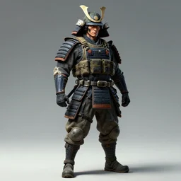 an artistic full body powerful japanese samurai wearing military and tactical gear, detailed face, face symmetry, character concept art by moebius and laurie greasley, profile picture, 8 k, cinematic color grading