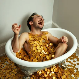 a man laughing hysterically who is covered with gold coins and is lying in an antique clawfoot bathtub filled with gold coins