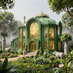 steampunk, art nouveau, green house, garden, park, leaves, plants, flowers, trees, steel architecture, large windows, gold, steam, fog in distance, concrete pipe statues of animals and trees, beautiful 3 d remdering, octane render, trending on artsstation