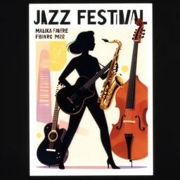jazz festival, silhouette woman, guitar, saxophone, bass, poster illustration, by malika favre